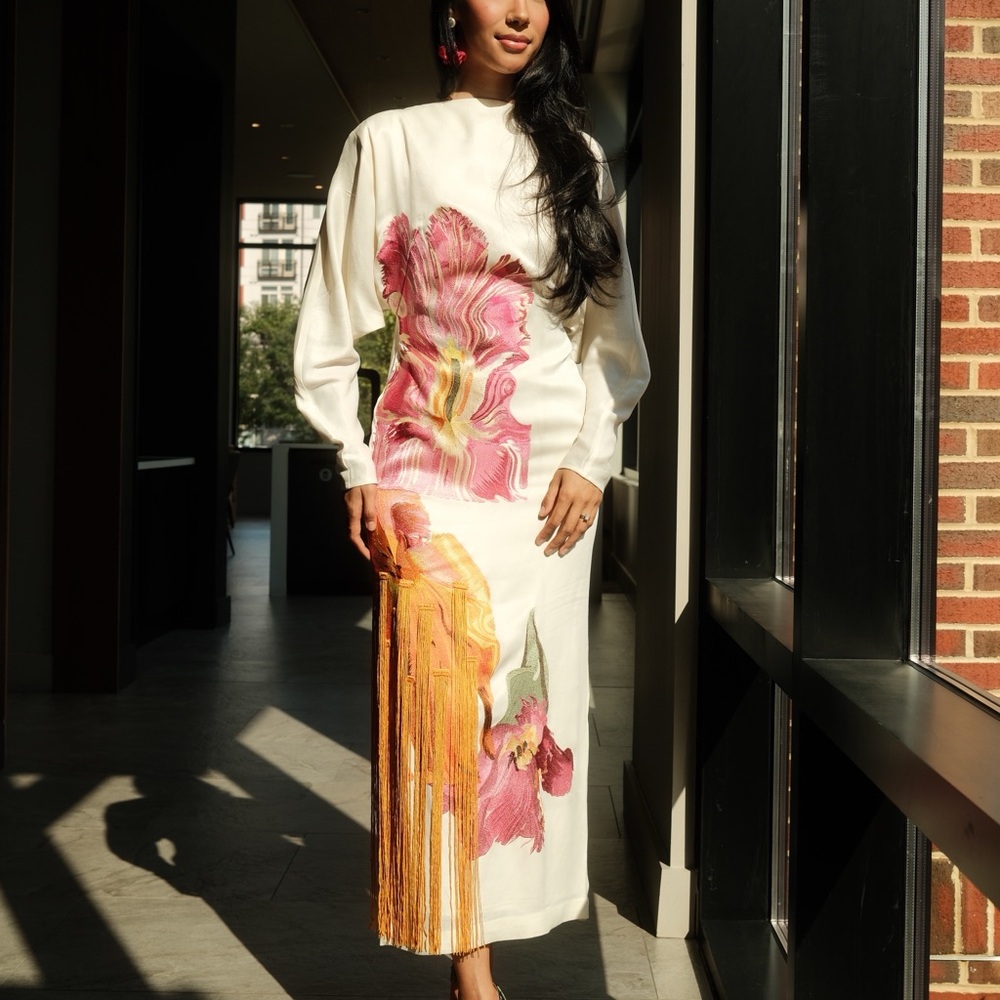 ARRANGE White Long Sleeve Midi Dress with Pink & Orange Floral Print
